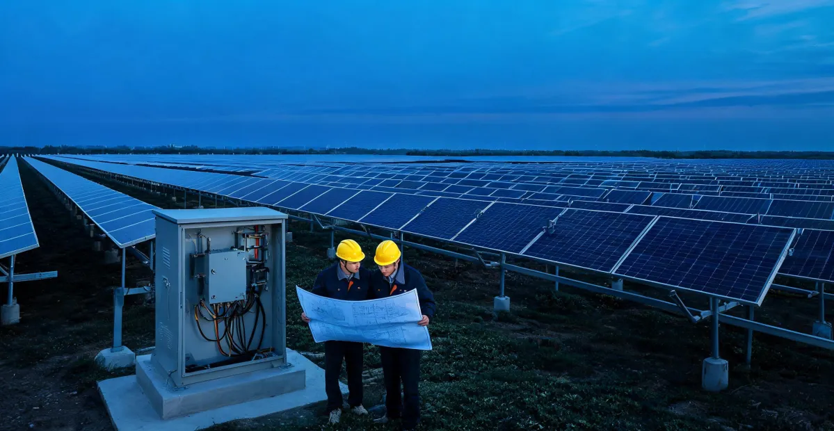 Utility-scale solar modules with engineers reviewing a project plan